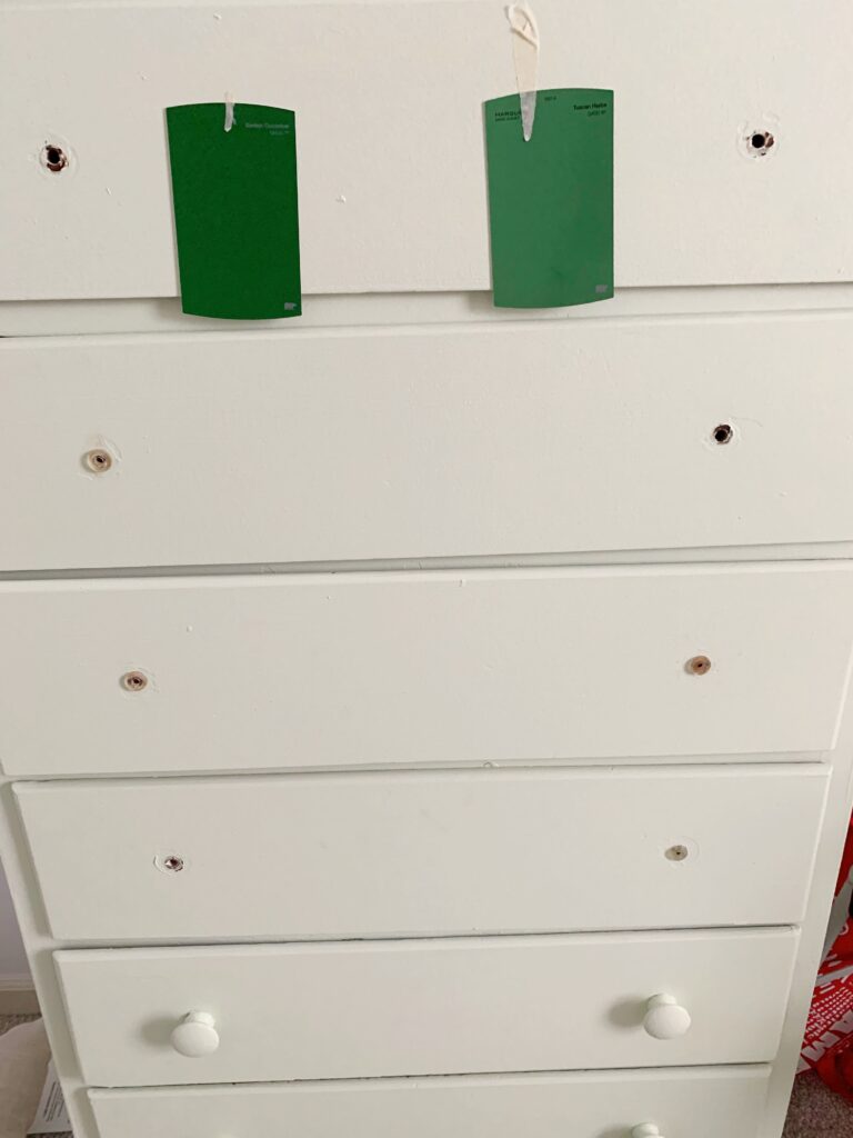 green paint swatches on dresser
