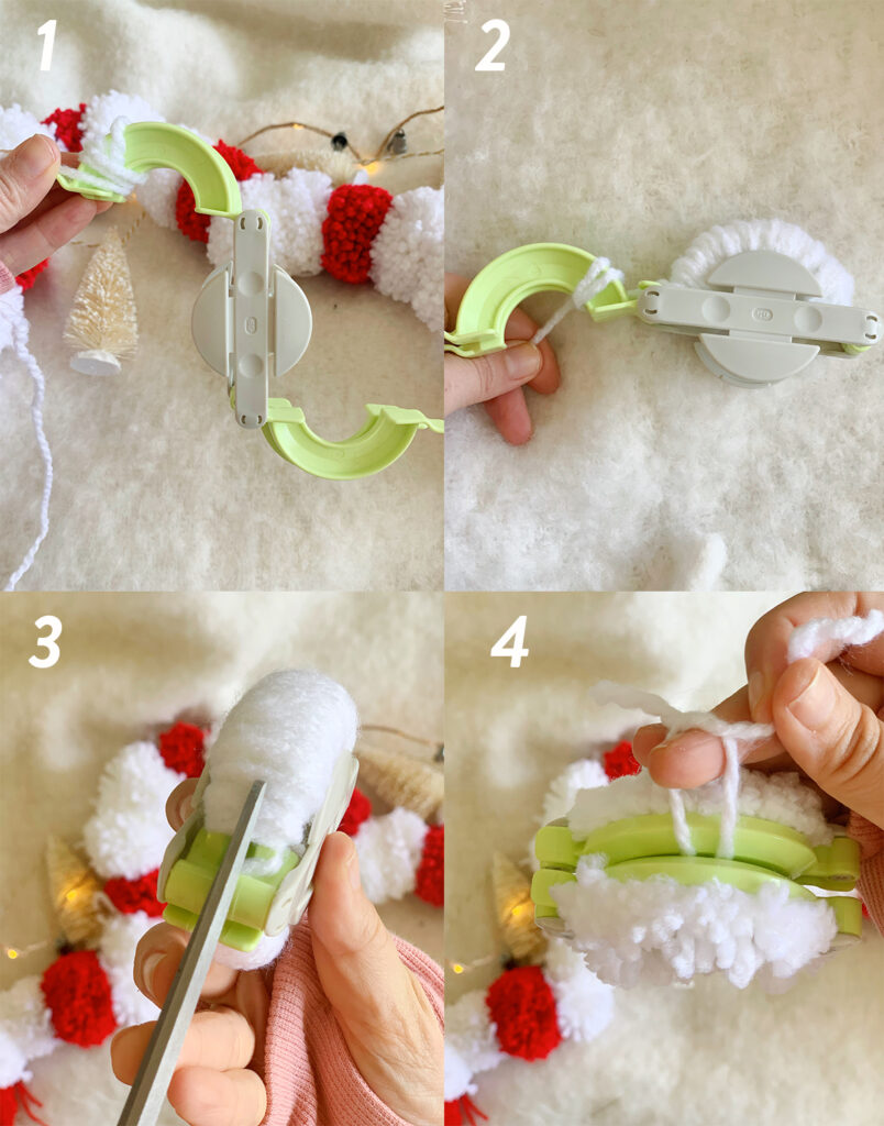 Shows 4 steps on putting yarn on a pom pom maker to make a pom pom