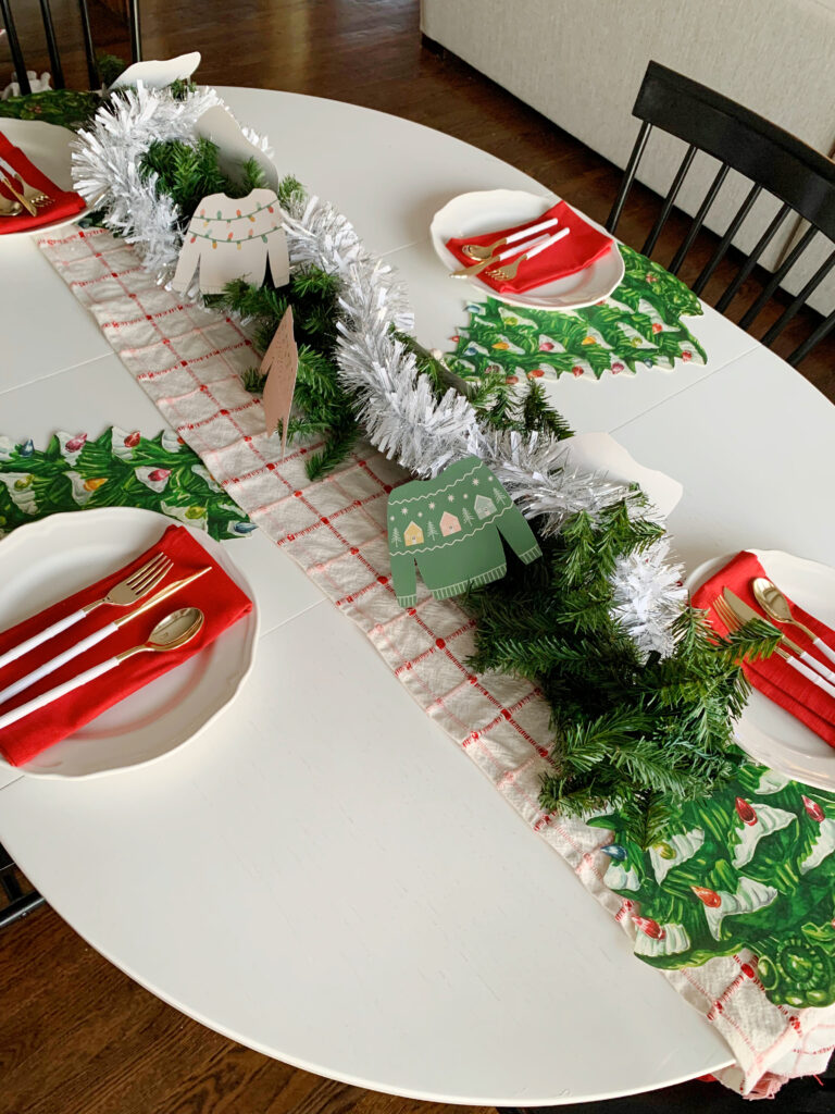 table set for meal with Christmas decorations