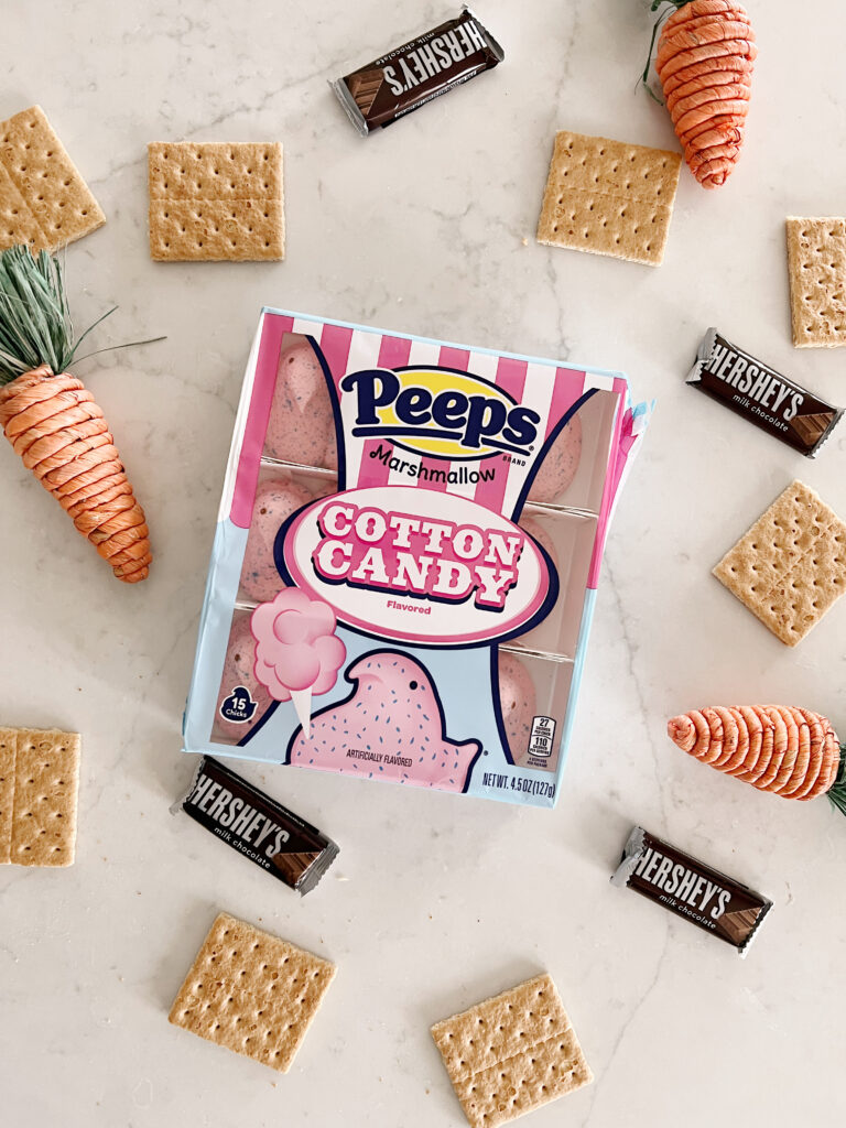 package of cotton candy peeps, graham crackers and chocolate. 