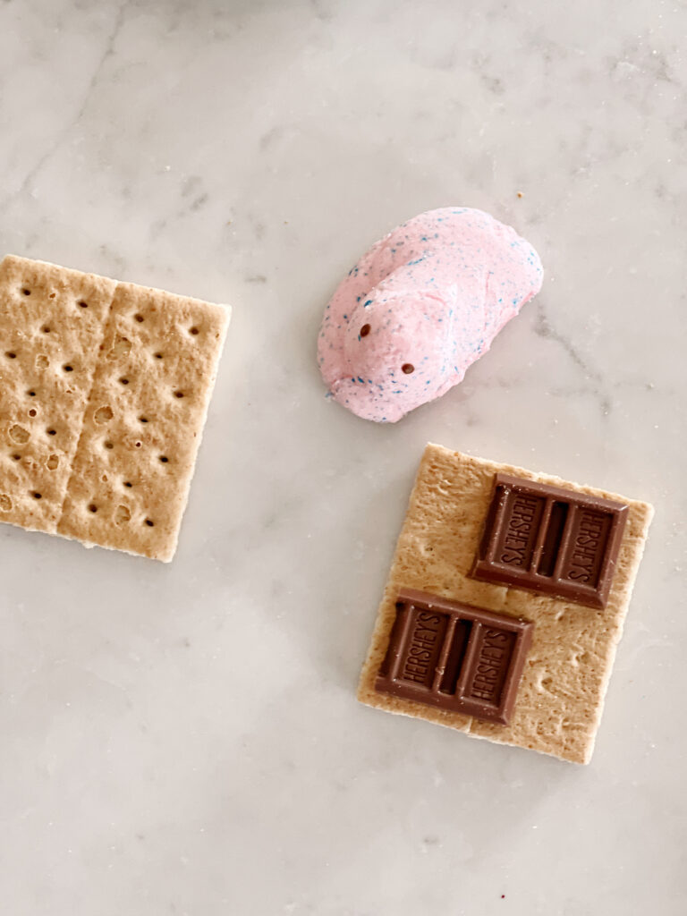graham cracker, chocolate and marshmallow peep