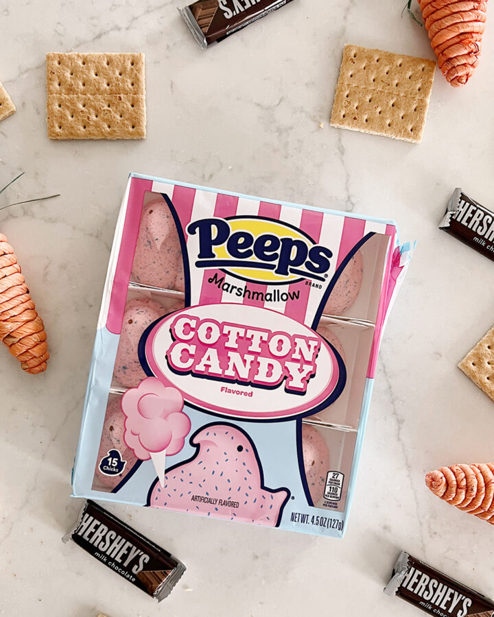 package of cotton candy peeps, graham crackers and chocolate