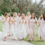 bridesmaids in avocado dyed bridesmaid dresses