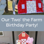 barn balloon display and farm themed birthday cake.