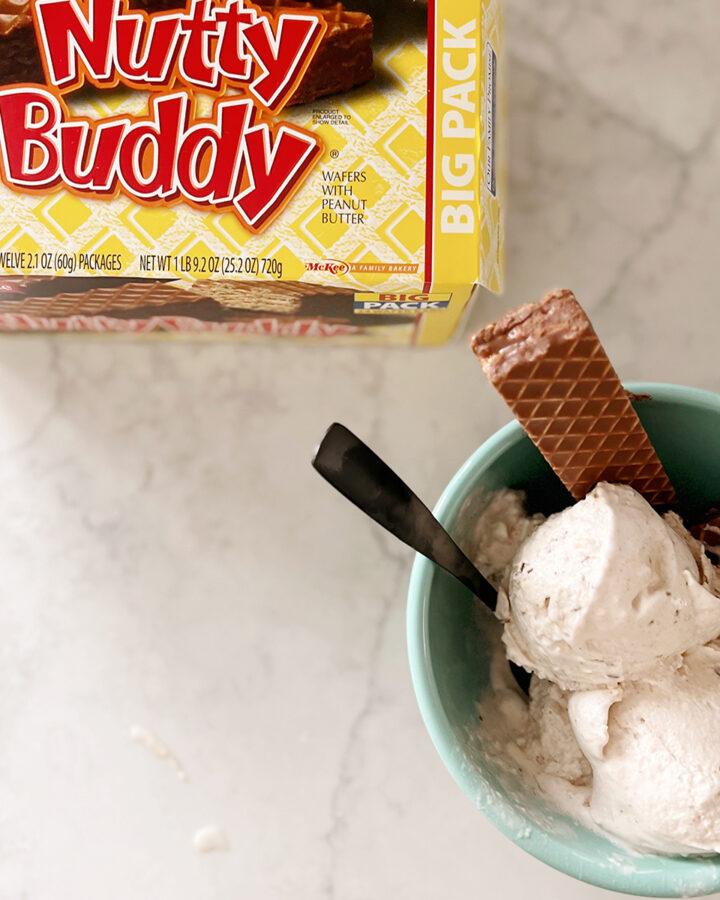 bowl of ice cream and box of Nutty Buddy bars on a counter.