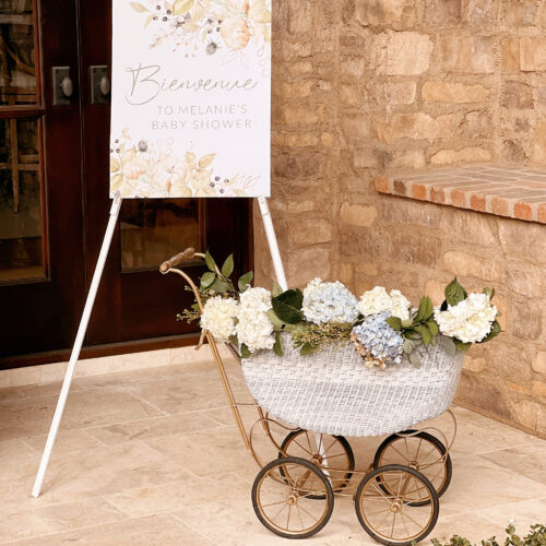 welcome sign and baby buggy with flowers in it.