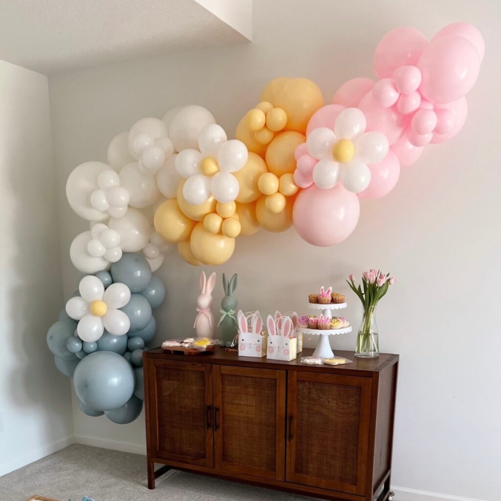 pastel balloon garland on wall over a console.