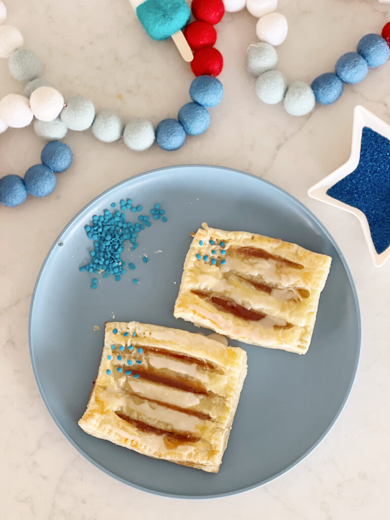Baked and decorated homemade toaster strudel made into an American flag. 