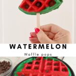 hand holding a waffle slice made to look like a watermelon.