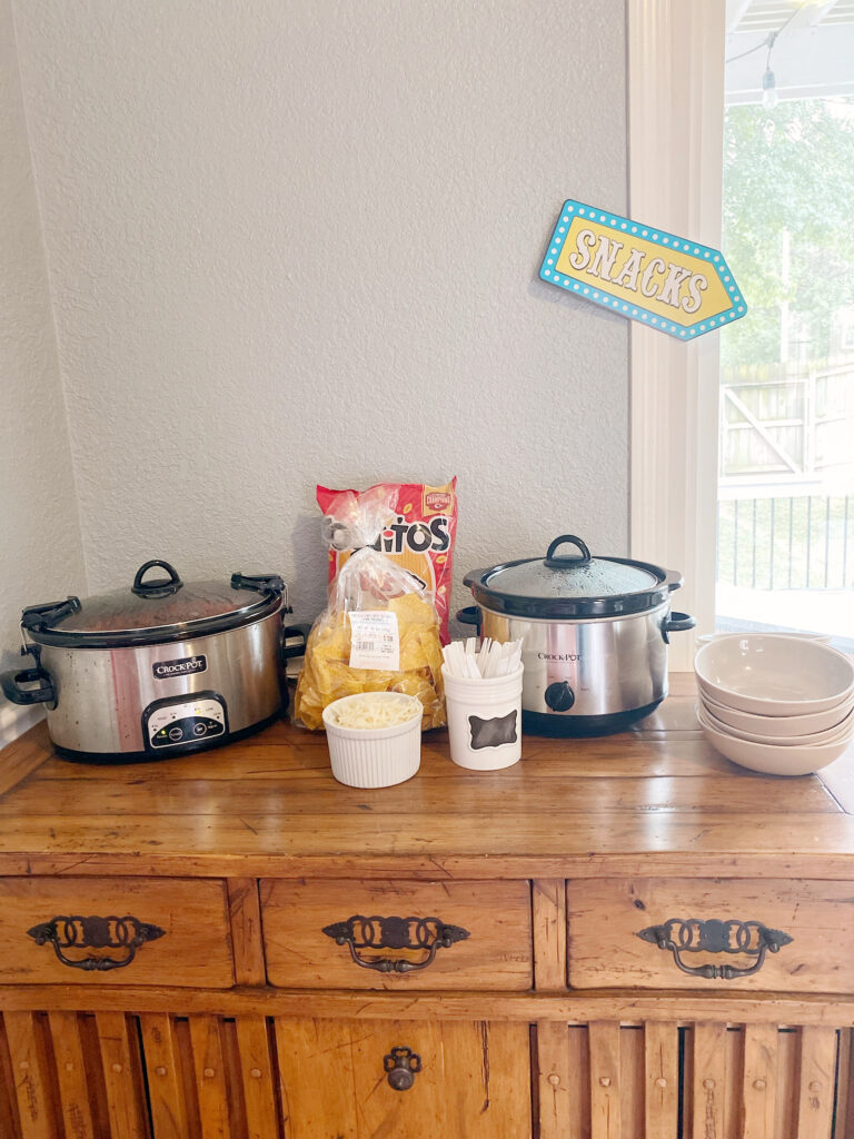 Chili bar and crockpot for party food. 