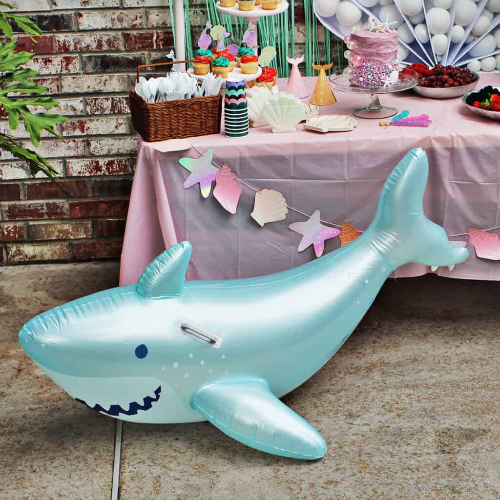Ride on pool float for mermaid themed birthday party.